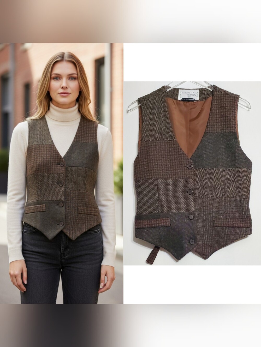 International Scene vintage sz 12 wool button vest patchwork brown unisex layer